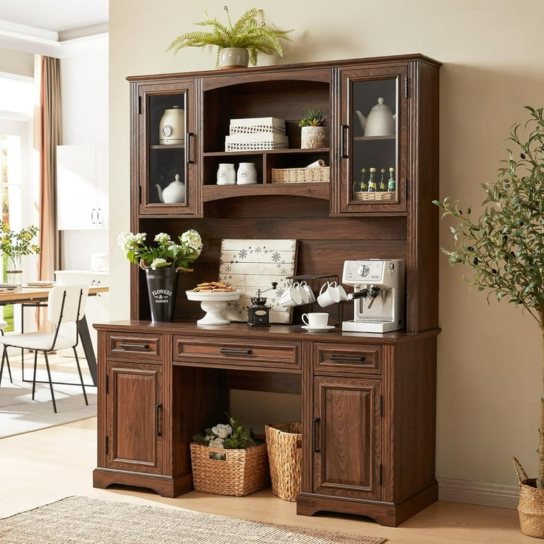 T4TREAM 58 Large Bar Cabinet with Hutch Bookshelf Drawers Storage Cabinet Office Desk with Charging Station for Office Home Brown