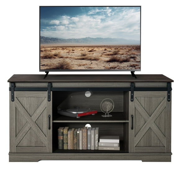 Small Space Living Farmhouse 65" TV Stand, Rustic Entertainment Center with Sliding Barn Doors,TV Console for Living Room,Adult,Gray