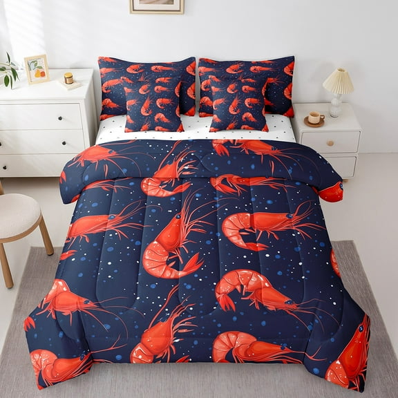 Erosebridal Lobster Print Bed in a Bag Twin size, Cartoon Sealife Bed Set, Ocean Theme Bedding Twin Size, Microfiber Room Decor, 7 Pieces