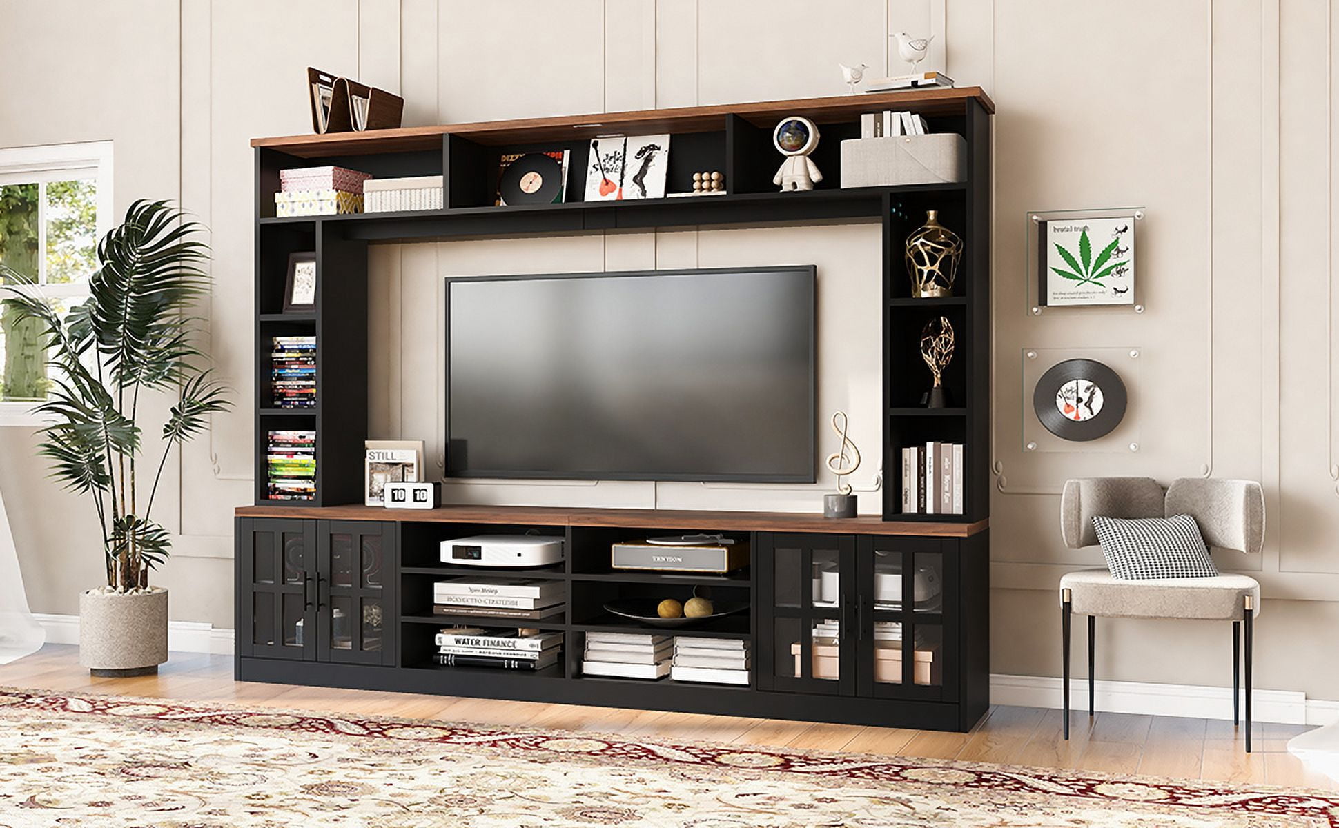 Euroco Elegant 95.5" TV Stand with Storage & Display Shelves, Tempered Glass Doors, and Wire Management for TVs up to 80" – Modern Entertainment Center