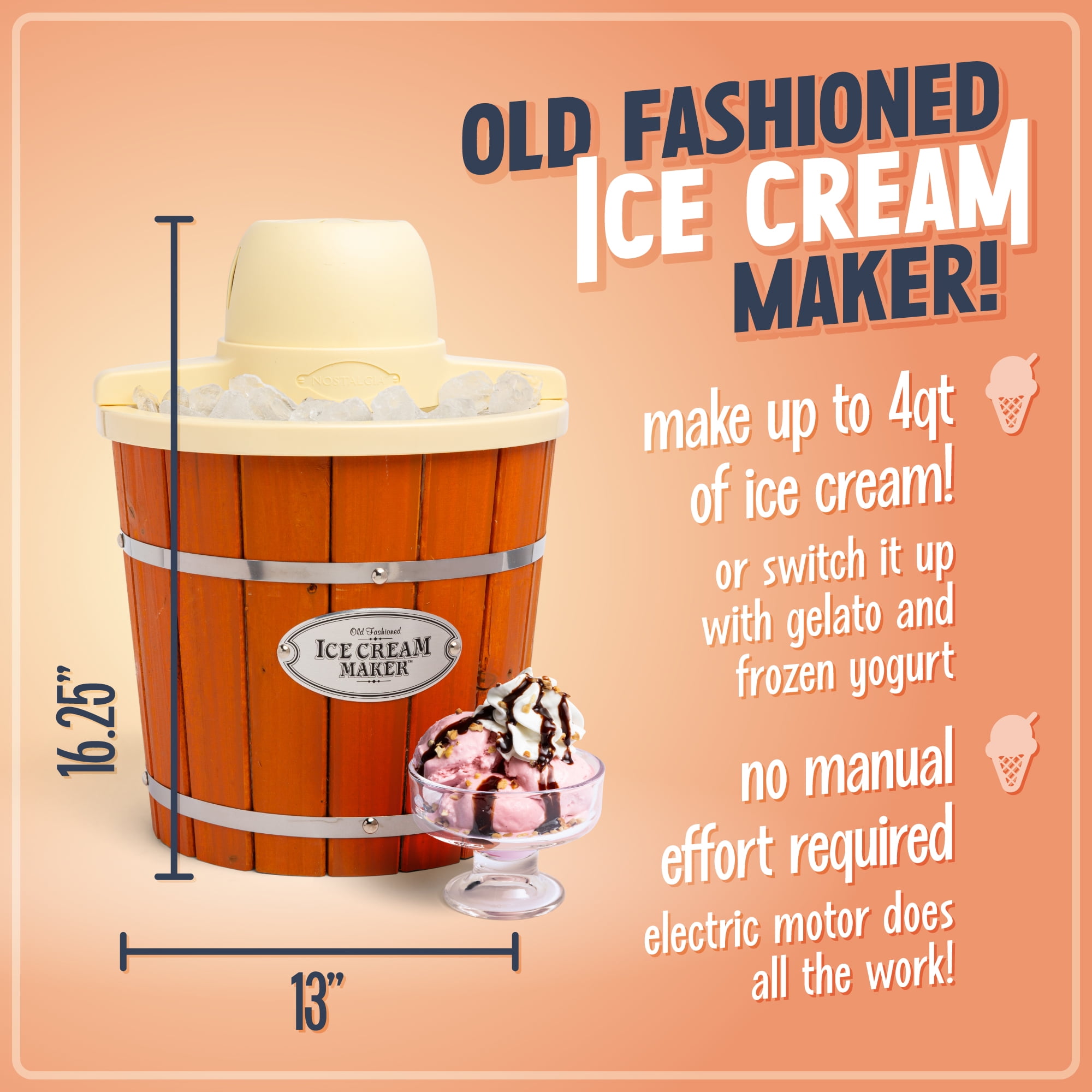 Nostalgia 4-Quart Ice Cream Machine, Vintage Electric Ice Cream Maker with Clear Lid, Light Wood