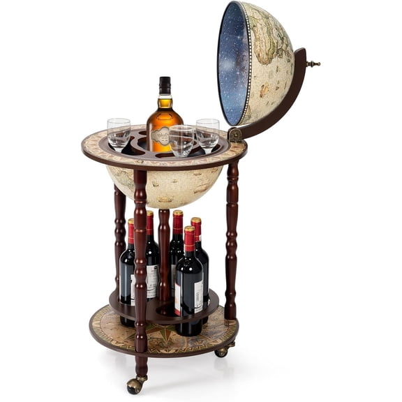 S AFSTAR 17.5" Globe Bar, 16th Century Globe Bar Liquor Cabinet with Wheels & Bottom Shelf, Italian Replica Wooden Wine Cabinet Vintage Alcohol Cart for Living Room & Office