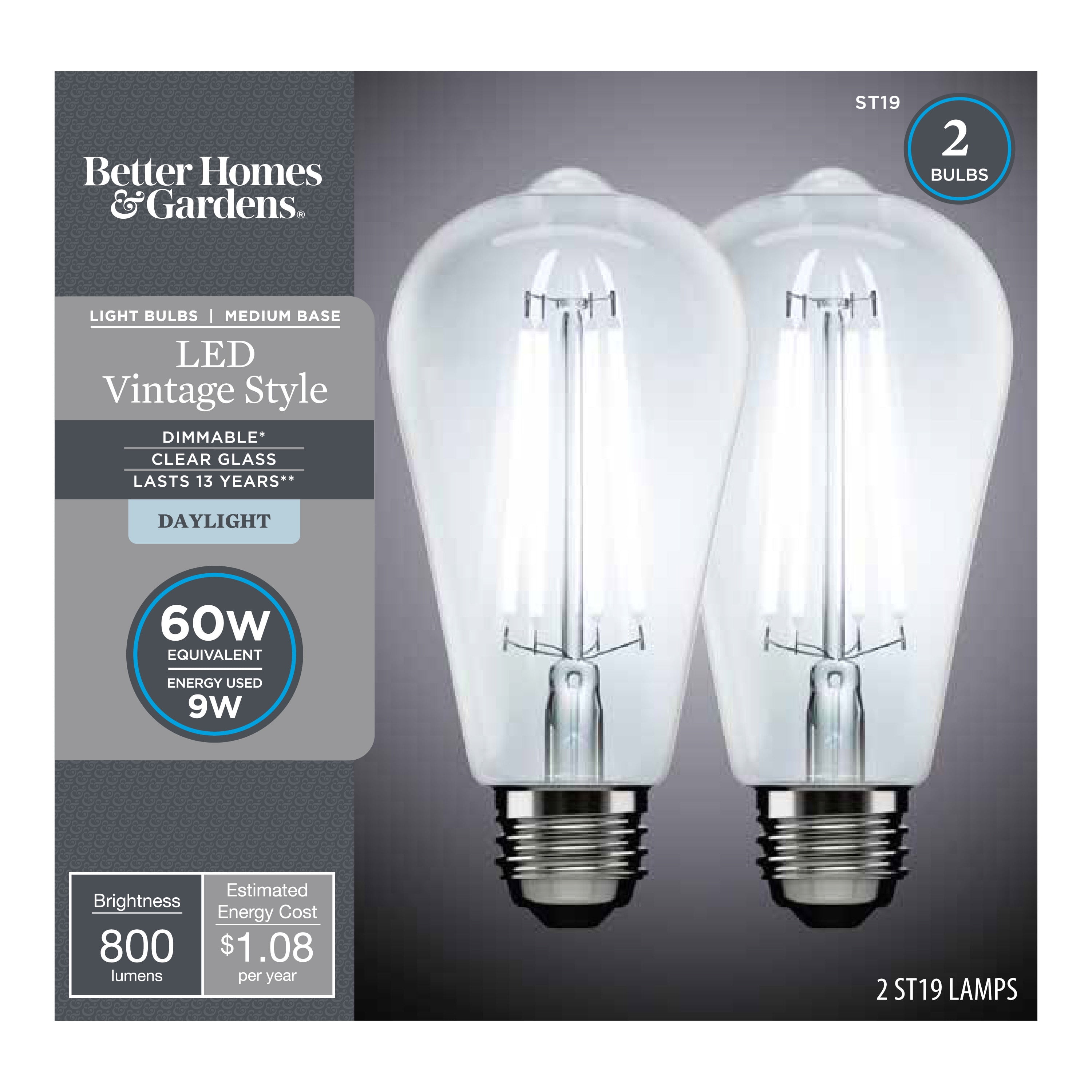 Better Homes & Gardens LED Vintage Light Bulb, ST19 60W Daylight Classic Filament, E26, Dim - 8 Pk