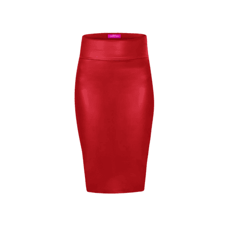 OrlyCollection Pencil Skirt High Waist Pencil Skirt Faux Leather Skirt Below Knee (Large, Red Faux Leather)