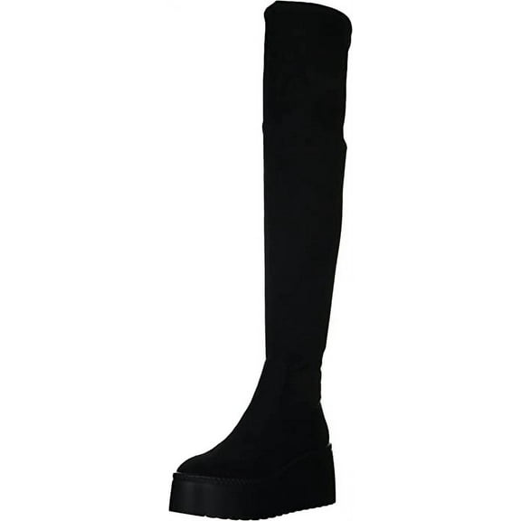 Nine West Hojo2 Black Stretch Suede Wedge Platform Over Knee Fashion Fitted Boot (Black Suede, 5)