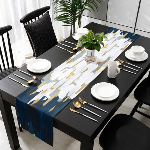 Blue White Table Runner 70 Inches Long, Gold Graffiti Painting Art Retro Country Kitchen Dining Burlap Linen Tablerunner for Small/Round/Square/Wedding/Coffee/Dining Table Party Home Décor 13 x 70
