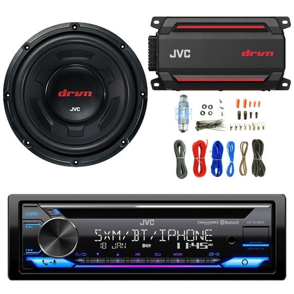 JVC KD-T910BTS Single DIN CD Player Bluetooth USB AUX AM/FM Radio Receiver Bundle Combo with 12" 1800W Peak Power Car Audio Subwoofer, 600W Max Power Waterproof Digital Mono Amplifier, Amp Wiring Kit