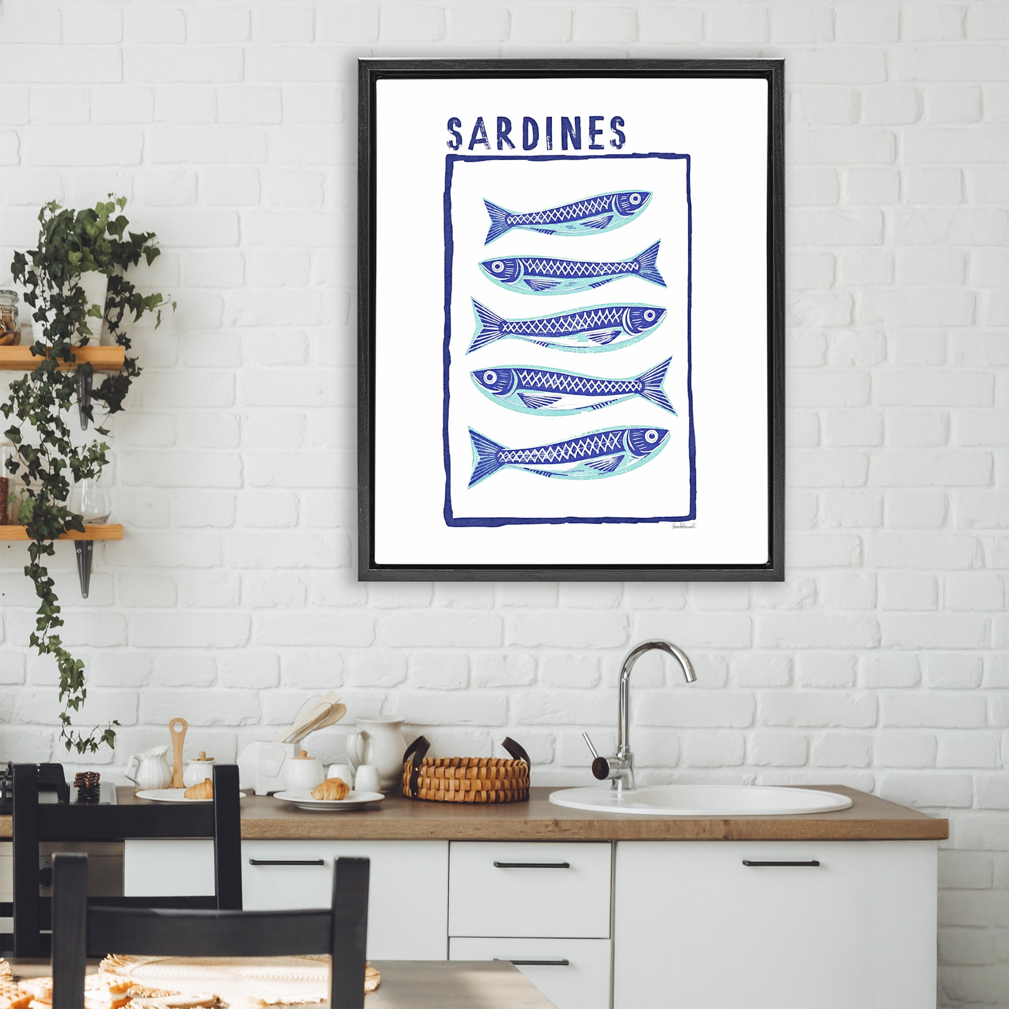 Stupell Industries Blocked Sardines Pattern Black Framed Floater Canvas Wall Art, design by Amanda Greenwood