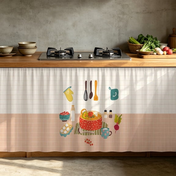Kitchen Utensil Pattern Cabinet Curtain, Self Adhesive Dustproof Short Curtain, Spatula Fork Egg Beater Print Design, Curtain for Kitchen Shelf Closet Dust Protection
