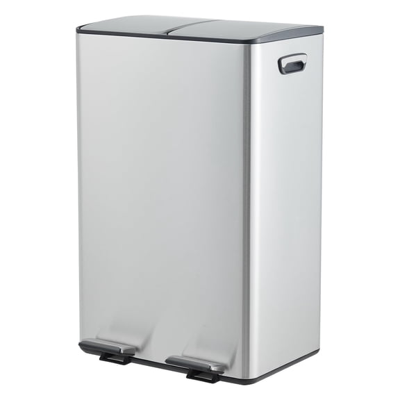 60L Dual Compartment Stainless Steel Kitchen Trash Can with Two 30L Removable Buckets, Fold-Away Step Pedal, Soft-Close Lids and Liner Rims, Silver