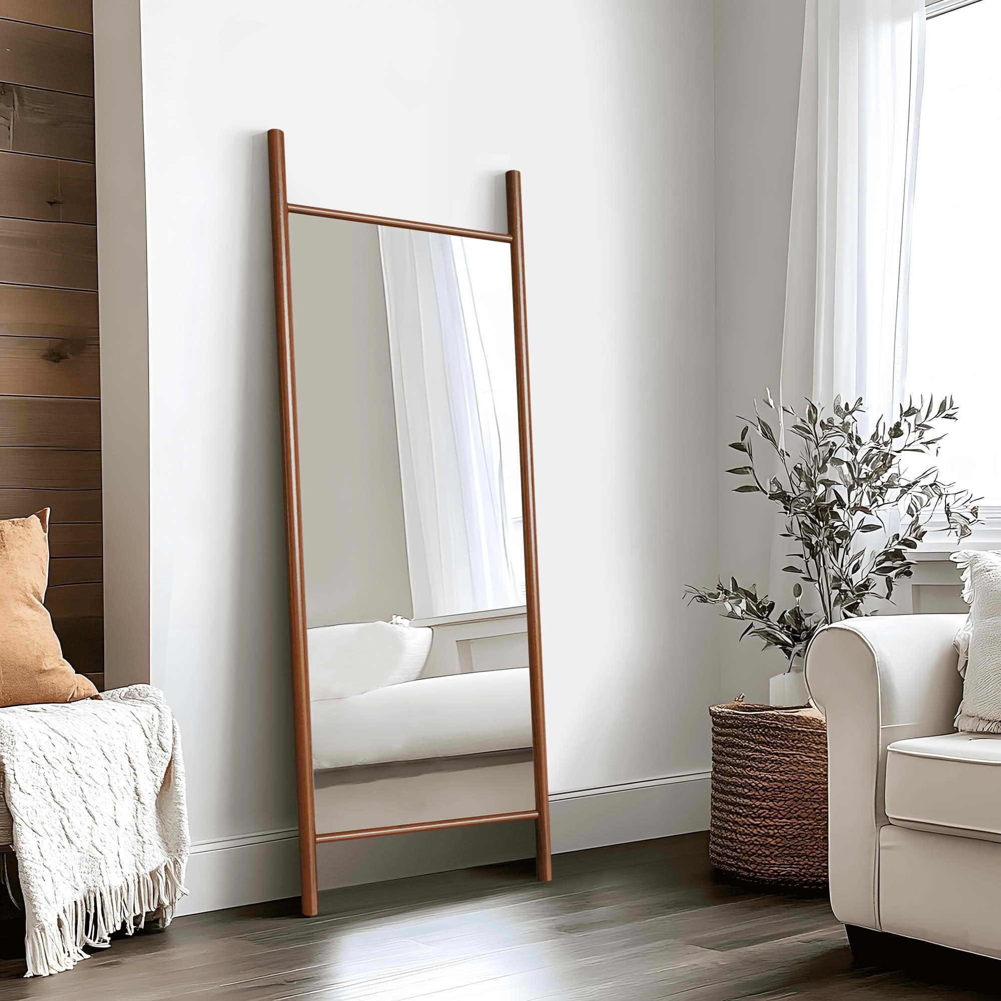 MAYEERTY 63x24x1 Inch Walnut Wood Ladder Rectangular Full Length Mirror, No Stand for Bedroom
