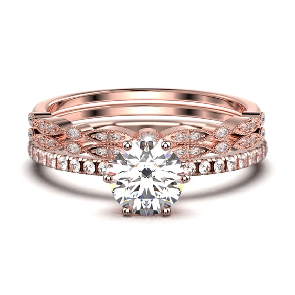 Beautiful Art Deco 2.25 Carat Round Cut Diamond Moissanite Engagement Ring, Wedding Ring, Two Matching Band in 925 Sterling Silver With 18k Rose Gold Plating Gift For Her, Promise Ring