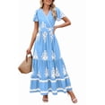 thumbnail image 2 of Womens 2025 Summer Casual V Neck Boho Maxi Dress Flowy Aline Bell Sleeve Tiered Floral Dresses with Pocket Light Blue XL, 2 of 7