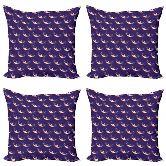 Cat Throw Pillow Cushion Case Pack of 4, Rhythmic Motifs Cartoon of Cat's Whisker Smile with Teeth Funny Witty, Modern Accent Double-Sided Print, 4 Sizes, Indigo Blush, by Ambesonne