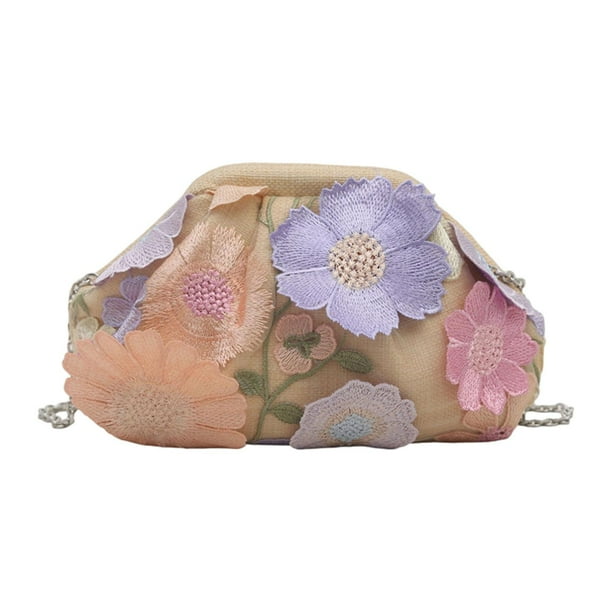 Bolso de mano tipo clutch con bordado floral y cadena extraíble para mujer. Caqui