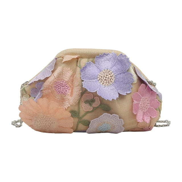 Bolso de mano tipo clutch con bordado floral y cadena extraíble para mujer. Caqui