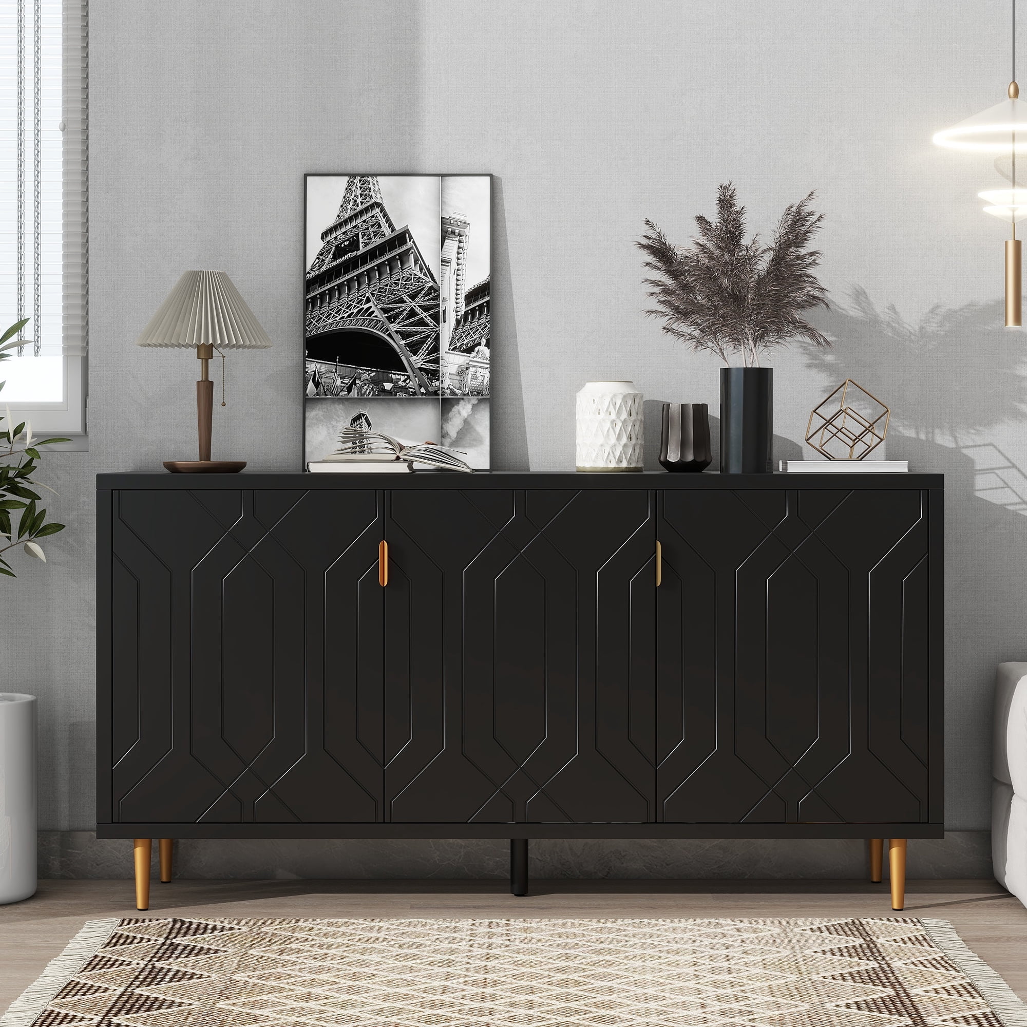 Euroco Modern TV Stand with 3 Doors and Adjustable Shelves, Fits TVs Up to 70 Inches