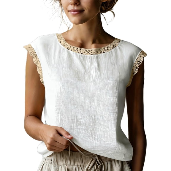 Cotton Linen Tank Tops for Women Summer Casual Sleeveless Shirts Lace Trim Cap Sleeve Crew Neck Blouses Tees