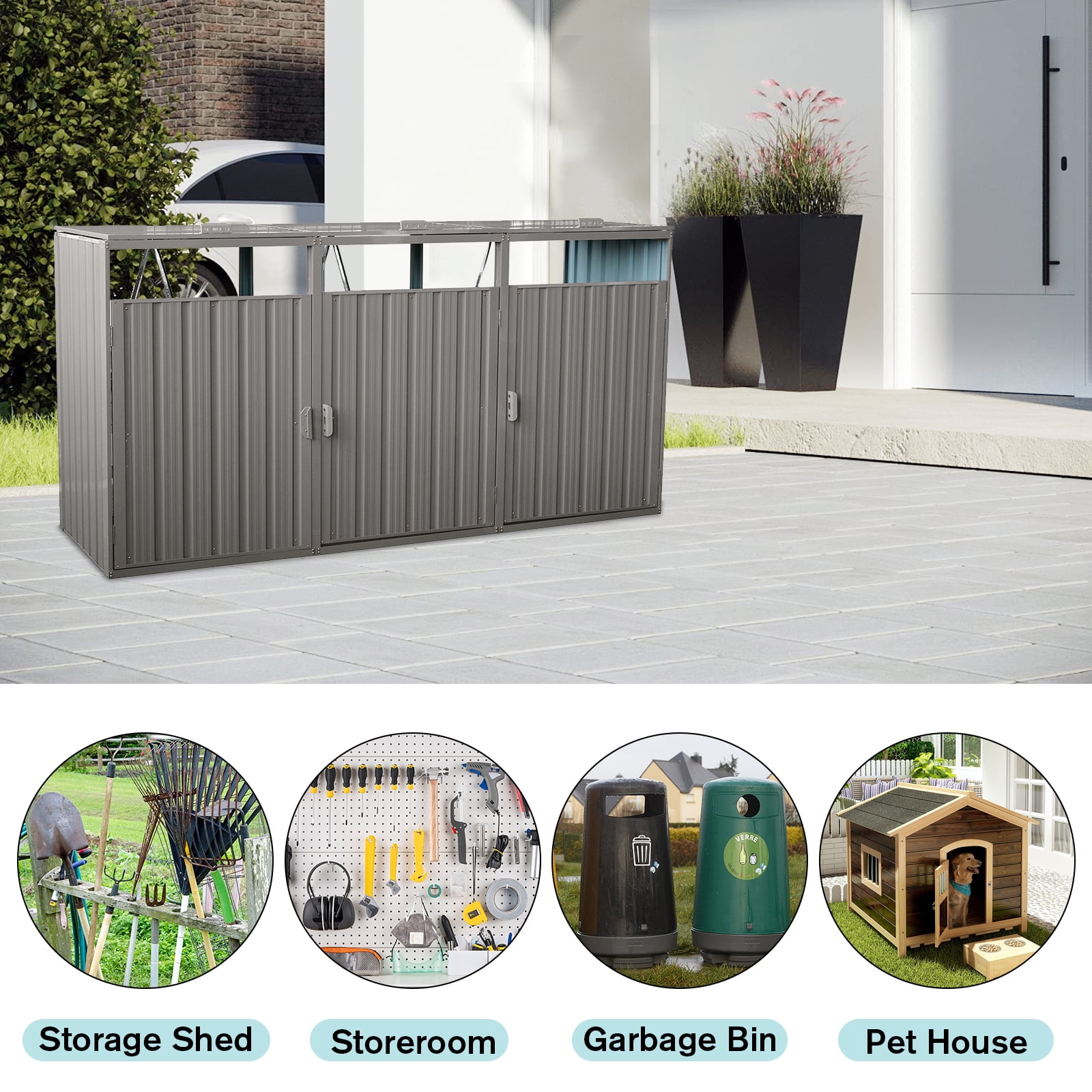 Outdoor Metal Garbage Bin Shed, Lockable Waterproof Storage Shed for 3 Trash Cans, Patio Waste Enclosure