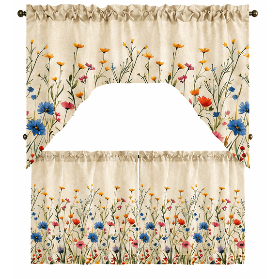 Watercolor Wildflower Kitchen Curtain Set, 3-Piece Rod Pocket Swag Valance & Tier Set (56"x36" 27.5"x24"x2), Light Filtering Farmhouse Cottagecore Floral Window Curtains