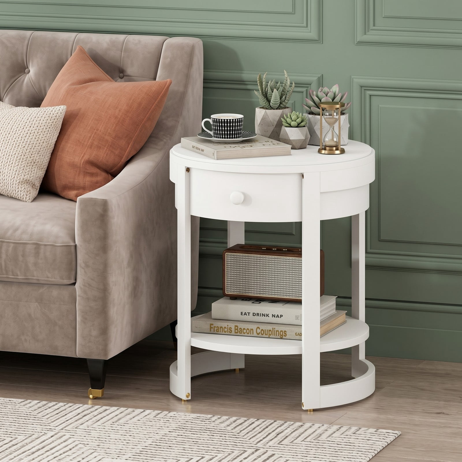 Furnibear 2-Tier Round End Table, Mid Century Modern Nightstand with Drawer and Storage Shelf, Wood Grain Side Table for Living Room Bedroom Sofa Couch, White