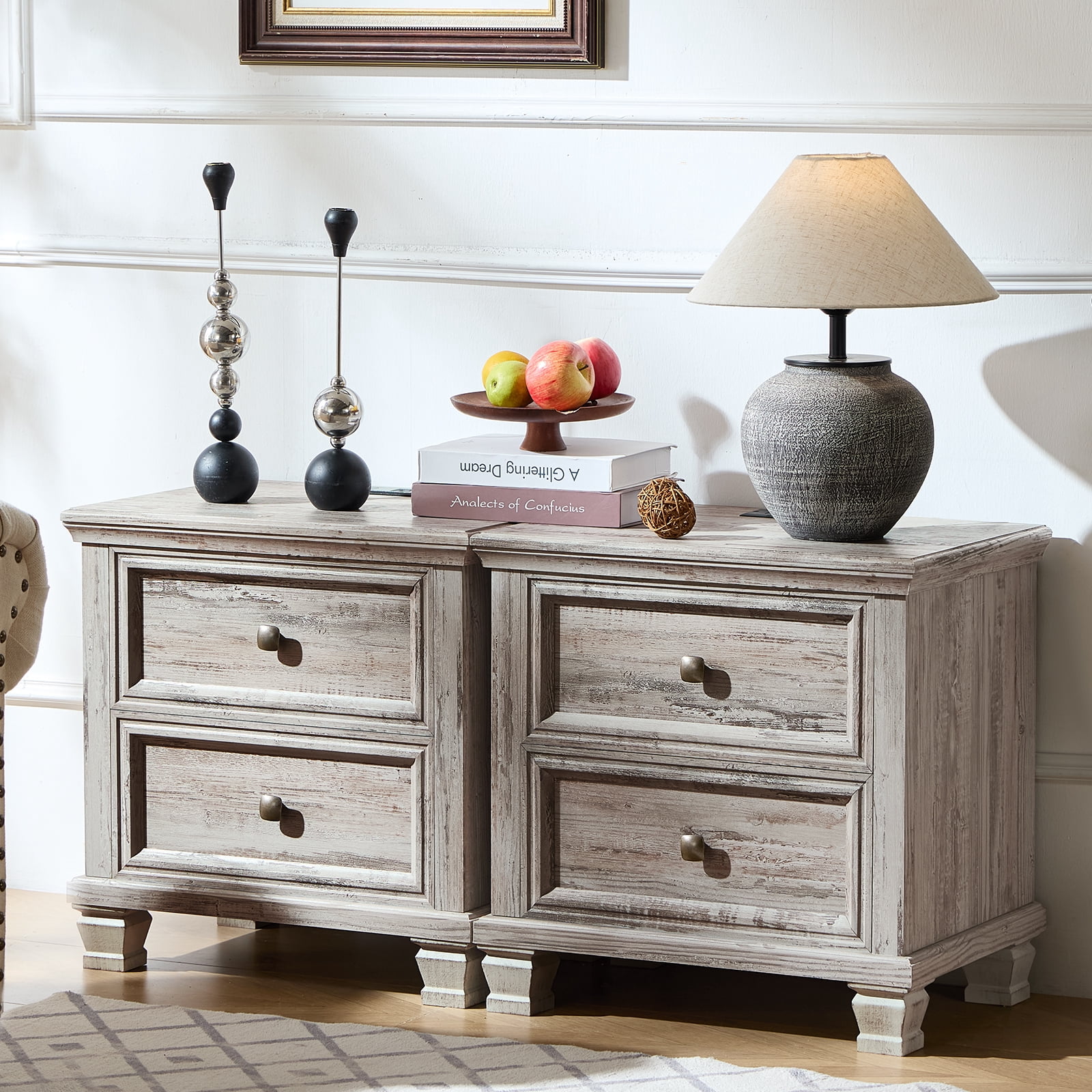 Buildhom 2pc Farmhouse Nightstand with Charging Station, 2-Drawer Rustic End Table with Solid Wood Legs for Bedroom, Grey'