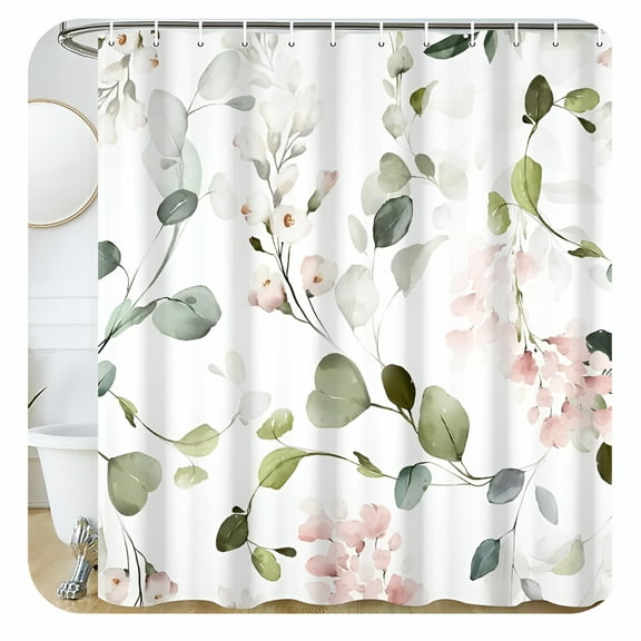 AUQ Sage Green Eucalyptus Shower Curtain,Green and Pink Shower Curtain Set for Bathroom Waterproof Pink Floral Shower Curtain Set with Hooks,72X72"