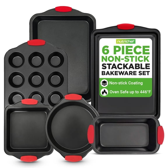 NutriChef 6-Piece Nonstick Bakeware Set Carbon Steel Baking Tray W/ Heat safe Red Silicone Handles