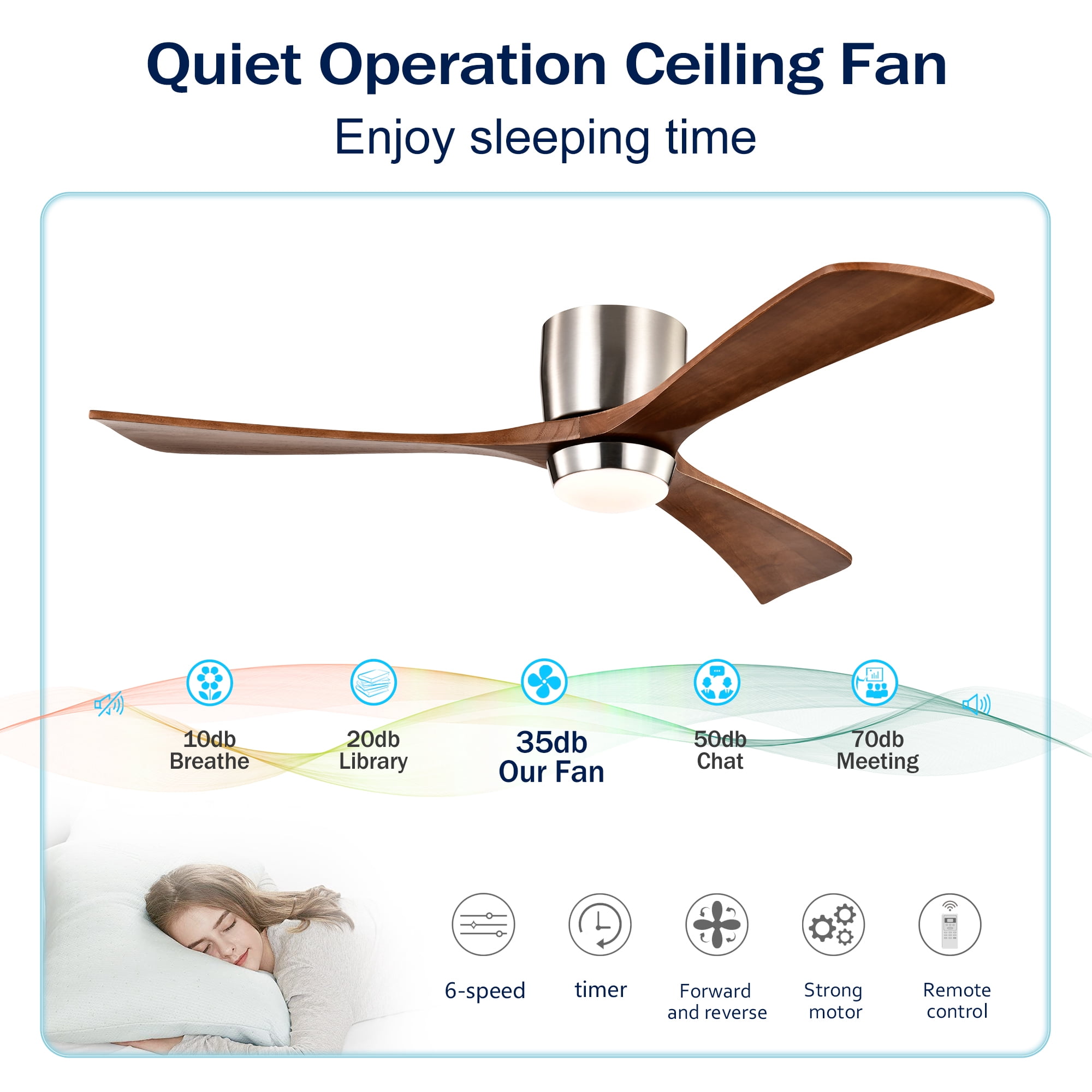 Leumius 52" Flush Mount Solid Wood Blades Ceiling Fan with Light and Remote Control,Quiet DC Motor 6 Speed Levels,Reversible for Patio Living Room Bedroom Office Nickel