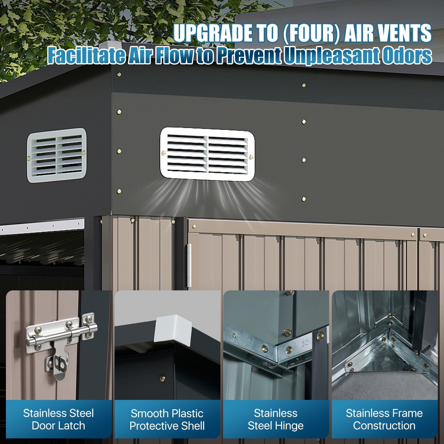 Sunmthink 12' x 8' Metal Storage Shed with Triple Doors, Lockable Lean-to Design & Vents, Brown