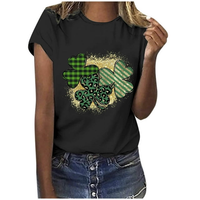 TopLLC St. Patrick's Day Patricks Day Chemises pour Femmes Hauts de Sarrau St Patricks Day Mode pour Dames St. Imprimé Léopard Manches Courtes Col Rond Chemise Femme Décontractée Ample
