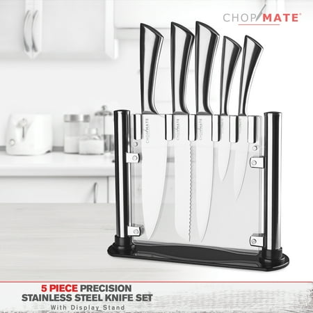 Chopmate 5-Piece Professional Precision Stainless Steel Ultra Durable Culinary Cooking Knife Set with Acrylic Suspension Counter Display Stand Featuring Chef, Carving and Paring