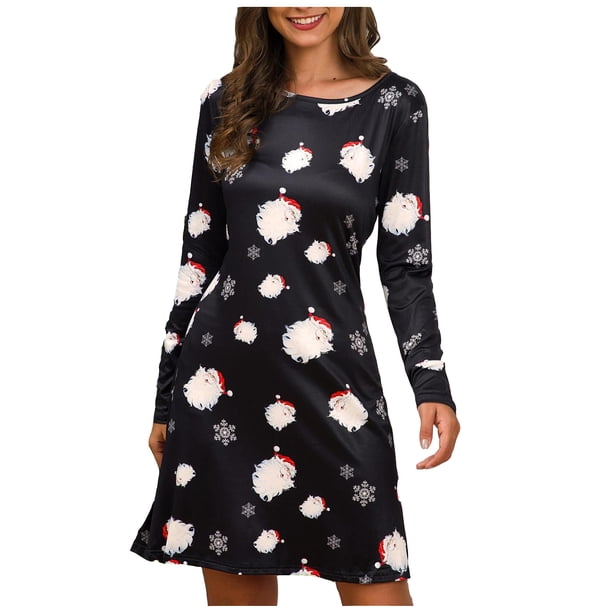 Moda Mujer Verano Casual Navidad Manga completa O-cuello Impreso Vestido Fridja nbo967