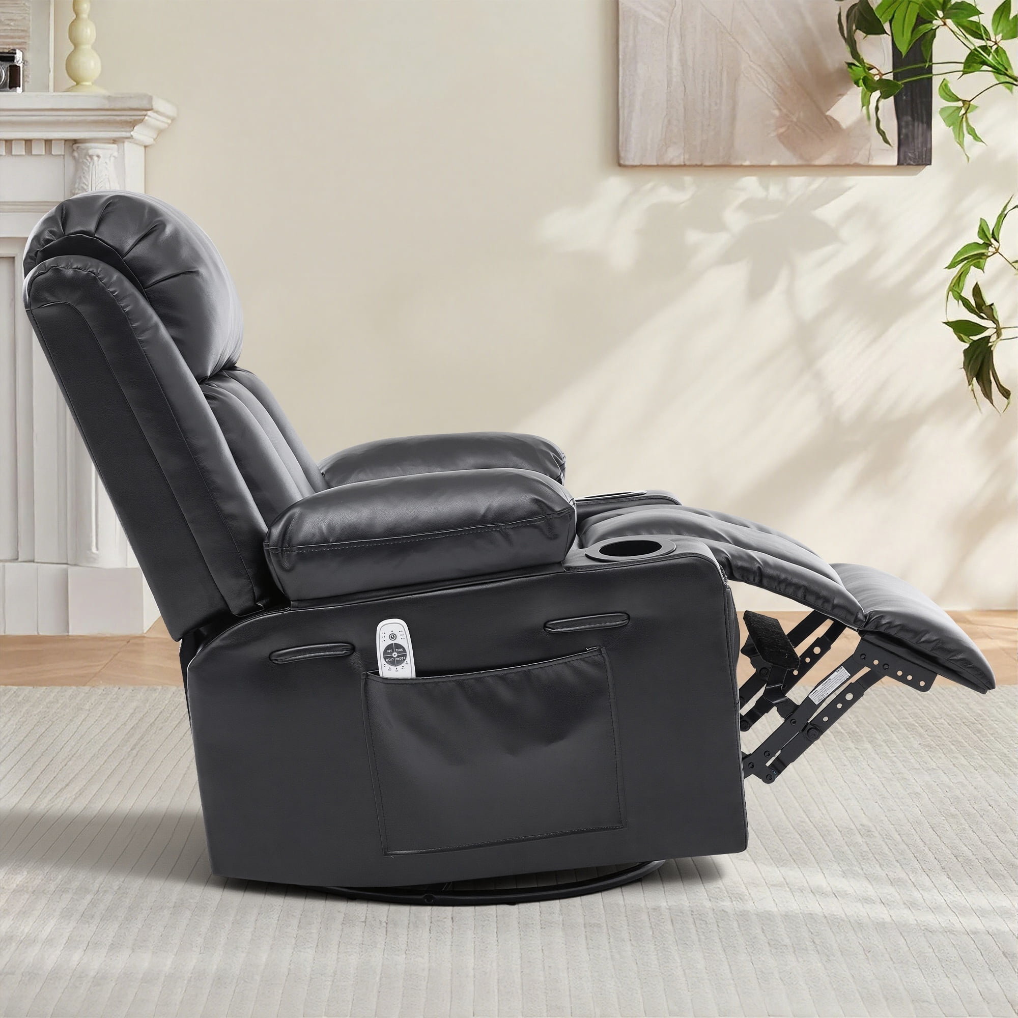 GAOHAPY Rocker Recliner Chair with Heat and Massage,360°Swivel Recliner Chair for Adults Elderly,Oversized Recliner Single Sofa Seat with 2 Cup Holders and Side Pocket(Black)
