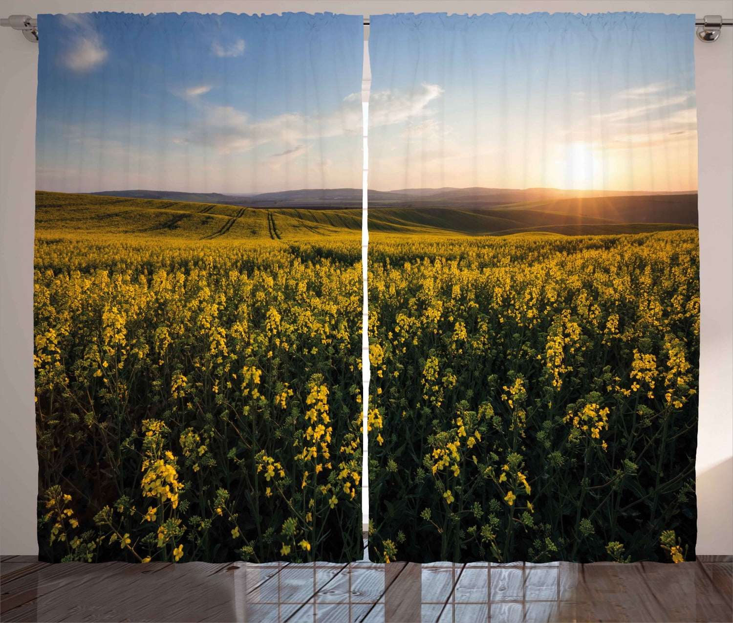 Landscape Curtains 2 Panels Set, Scenic View Sunset Flower Field Spring