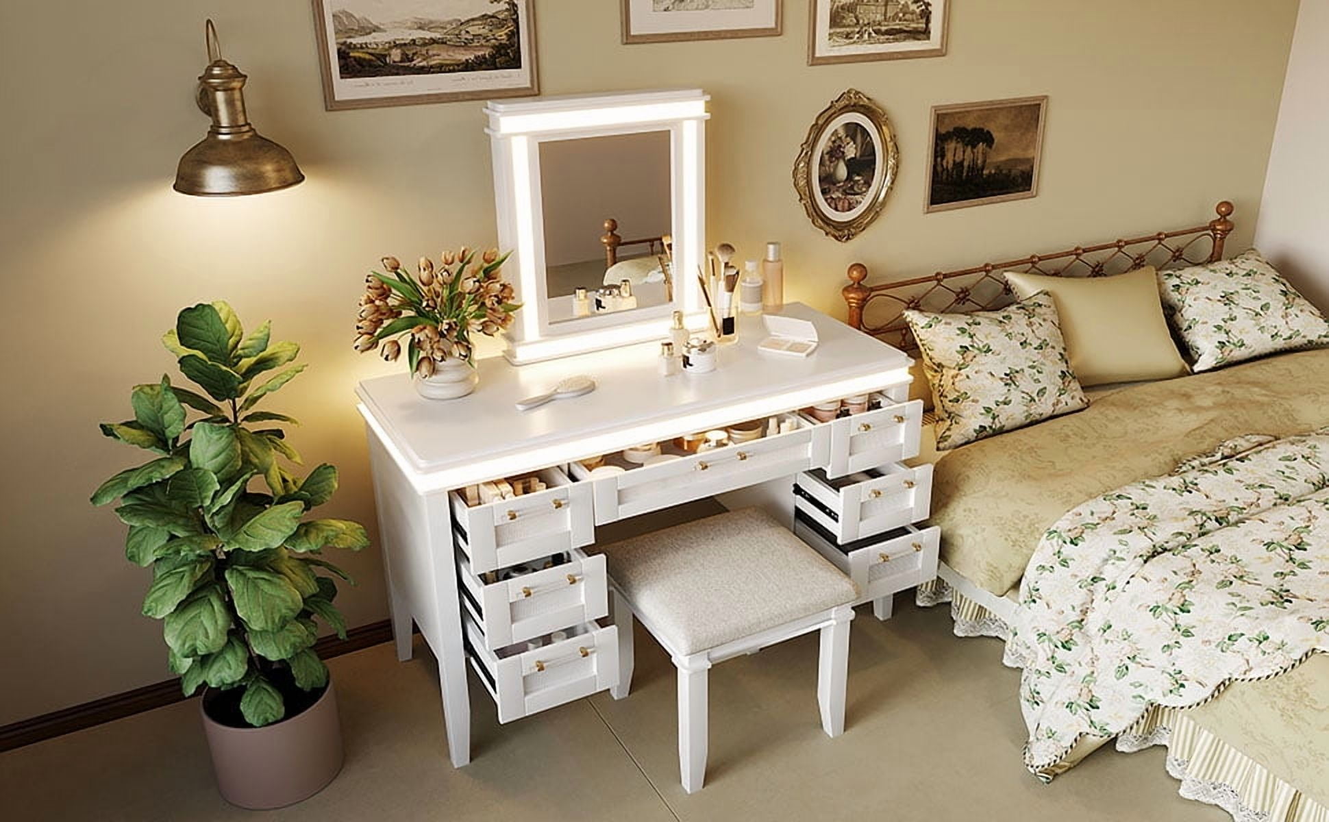 Mintazer Vanity Set with Mirror & Lights, Dressing Table with 7 Drawers and Stool, Makeup Vanity Desk with Hollow Design Drawer for Bedroom, White