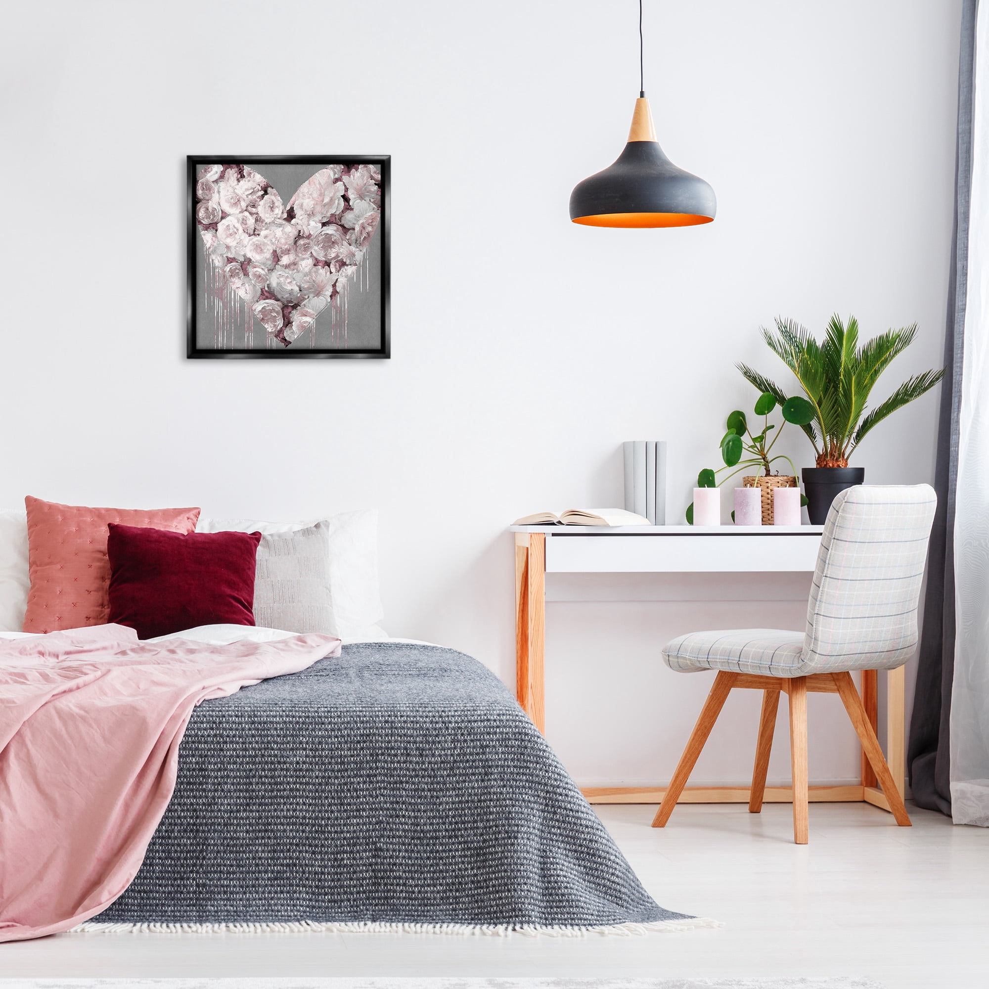 Stupell Industries Pink Rose Heart over Grey Botanical & Floral Painting Black Floater Framed Canvas Art Print Wall Art, 25 x 25