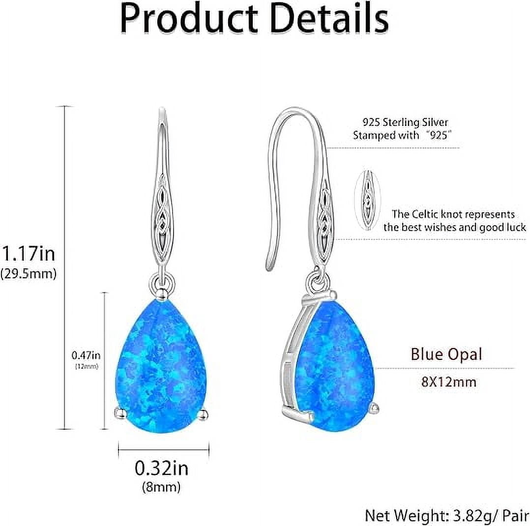 Opal Earrings 925 Sterling Silver Celtic Knot Hook Teardrop Earring 8X12mm Solitaire Gemstone October Birthstone Jewelry Gift for Women