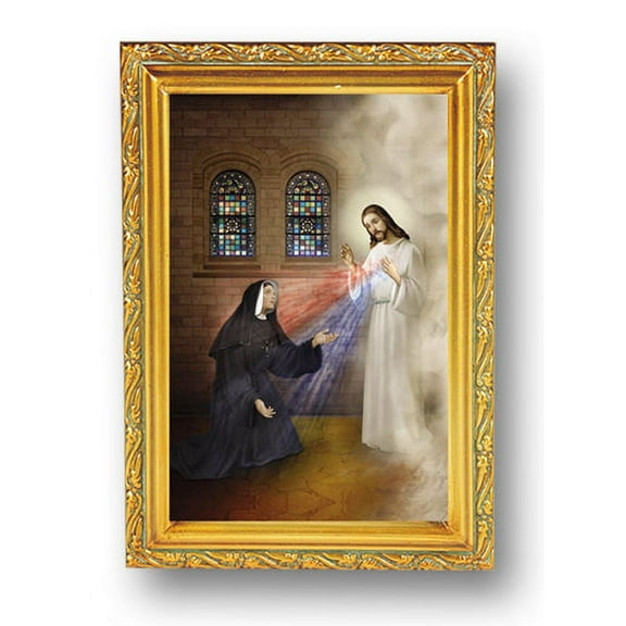 St. Faustina with Divine Mercy Picture Framed Wall Art Decor Small, Antique Gold-Leaf Finished Frame with Acantus-Leaf Edging