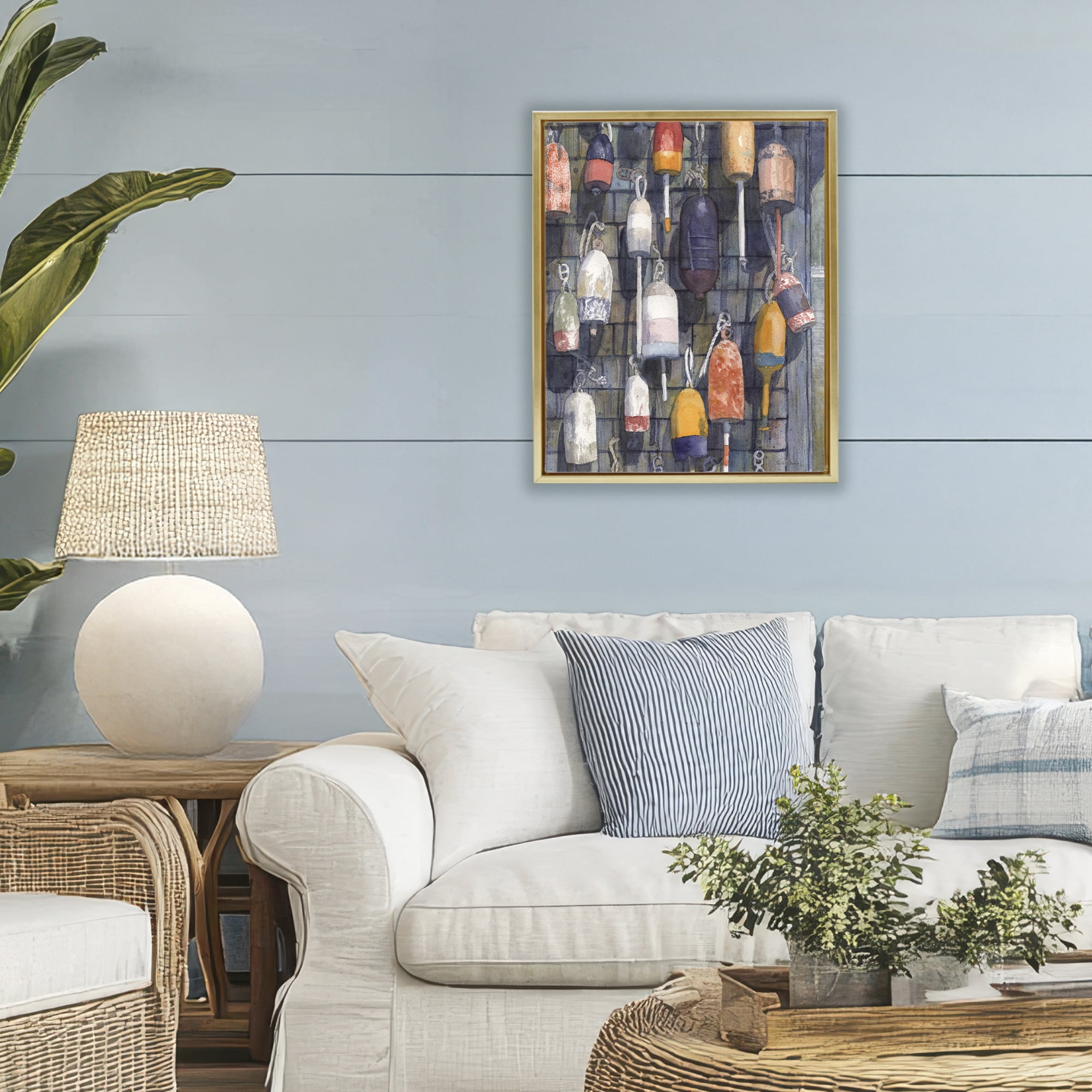 Stupell Industries Watercolor Hanging Buoys Gold Framed Floater Canvas Wall Art, design by Patti Bishop
