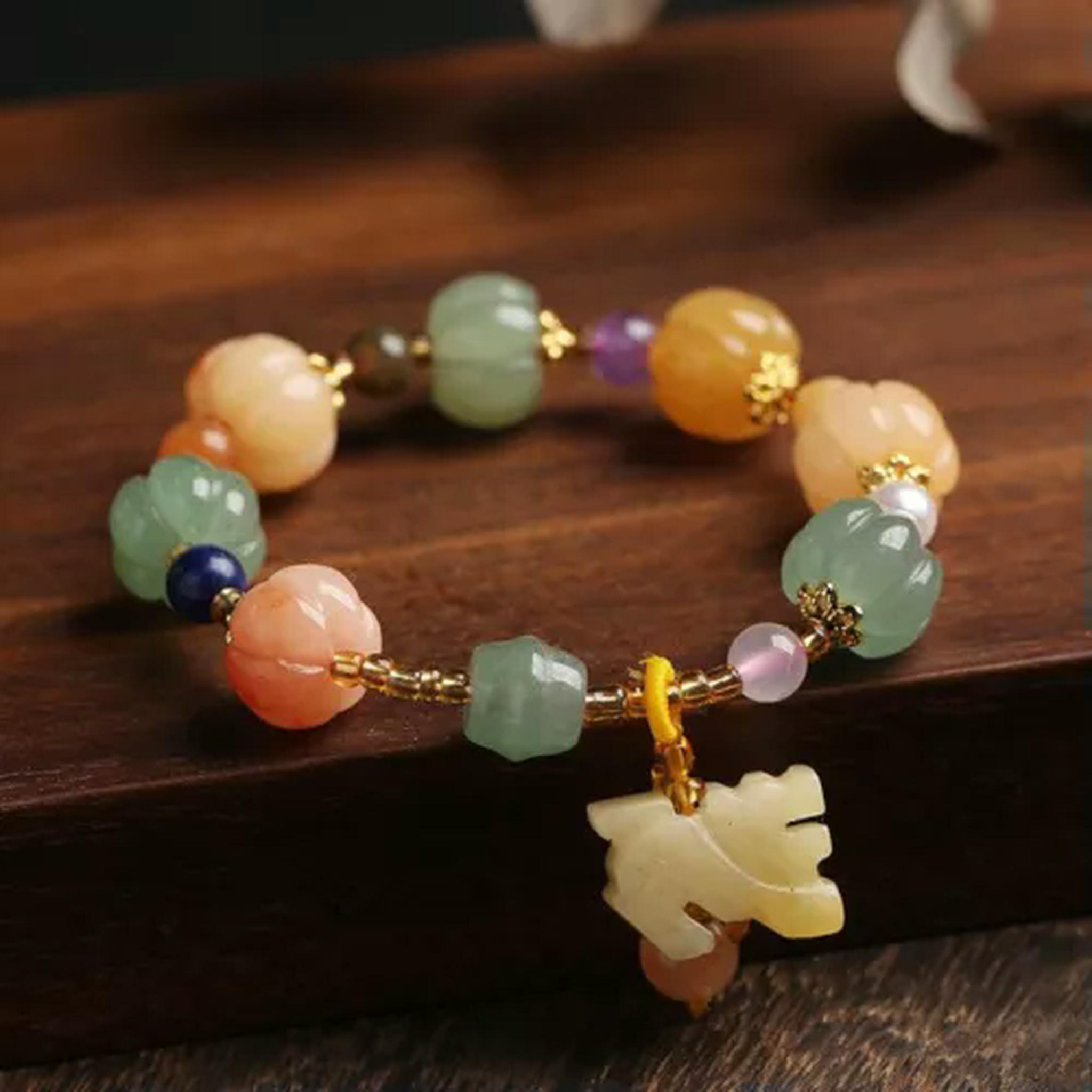 EOEMY Natural Gold Jade Pumpkin Beads Beaded Bracelets For Women Lady Gourd Pendant-Gourd