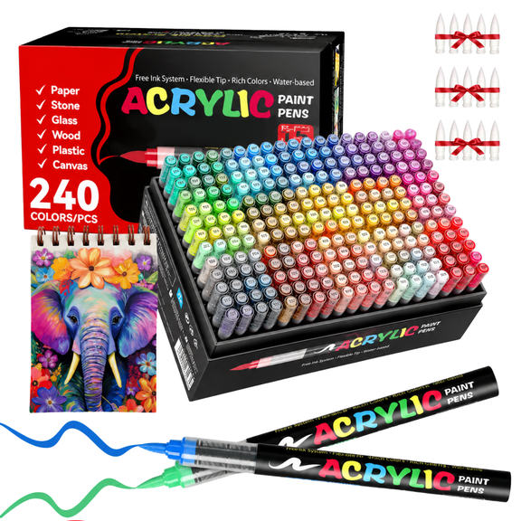 COORIART 240 Colors Acrylic Paint Markers, Soft Brush Tip Pens, Automatic Ink Control No Bleed Markers Set for Wood, Stone, Canvas, Glass, Fabric, Egg, Rock Painting and DIY