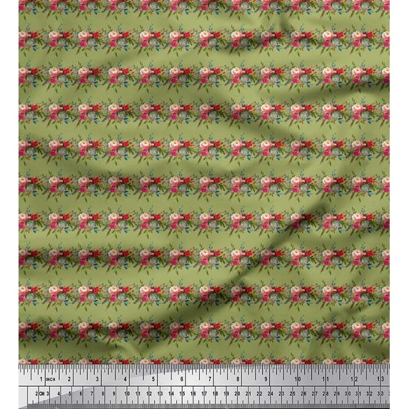 Soimoi Green Poly Georgette Fabric Leaves & Peony Floral Print Fabric by Yard 52 Inch Wide
