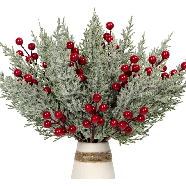 30 Pcs Branches de Pin Artificielles avec Tiges de Baies Rouges Assortiment de Fausses Feuilles de Cèdre Brindilles de Baies Houx Pics de Sapin de Noël Sprays de Verdure pour Guirlande de Couronne Artisanale DIY Décoration de Saison de Vacances (Neige)