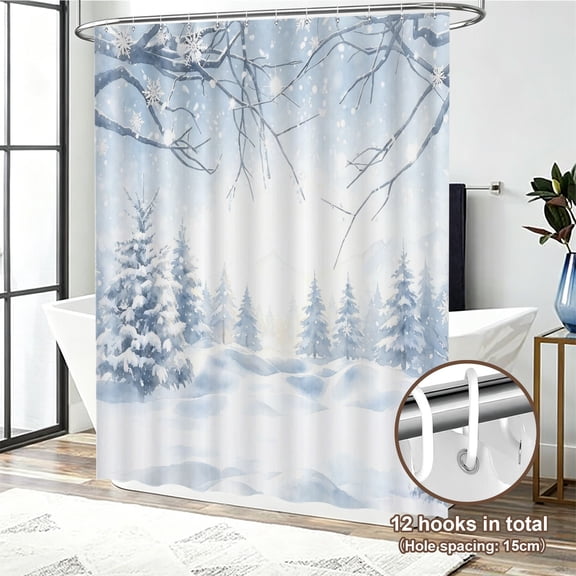 Winter Snowflake Scene Shower Curtain Pine Tree Covered Snow Tree Branch Bathroom Curtain with Hooks Waterproof Fabric Bathroom Decor 72x72 inch