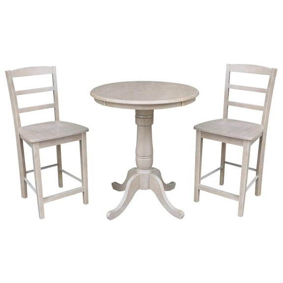Wood Pedestal Counter Table and 2 Madrid Stools in Washed Gray Taupe - Set of 3