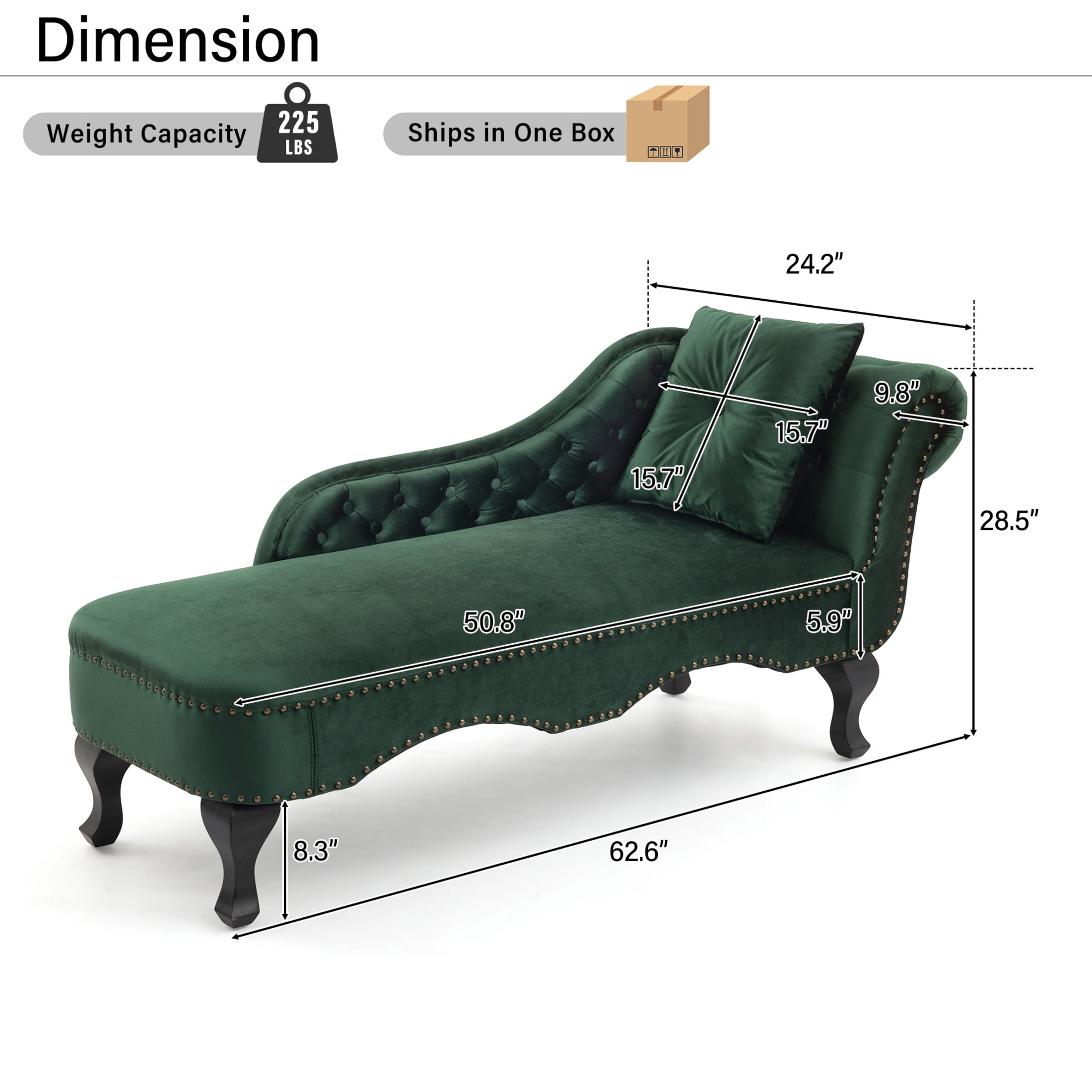 Christopher Knight Home 62" Luxury Velvet Chaise Lounge Bench with Pillow, Right Scrolled Backrest & Nailhead Trim, Green