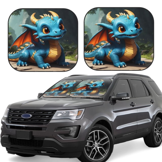 Disketp Adorable Blue Baby Dragon Pattern 2 Piece Windshield Sunshades,Folding Windshield Sun Shade for Car SUV Trucks Sedan,Blocks UV Rays Sun Visor Protector-Large