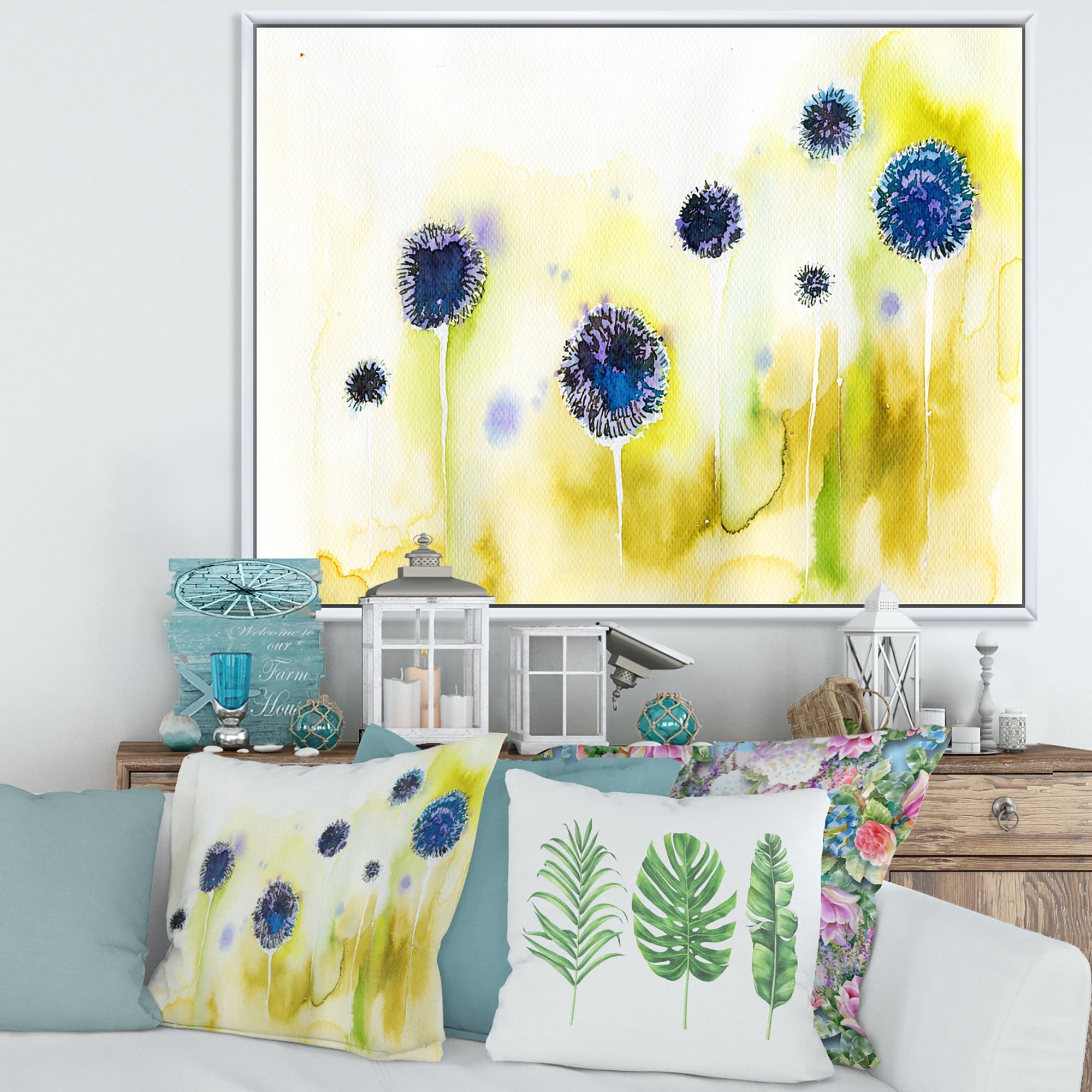 Designart 'Abstract Blue Flowers In The Meadow' Traditional Framed Canvas Wall Art Print