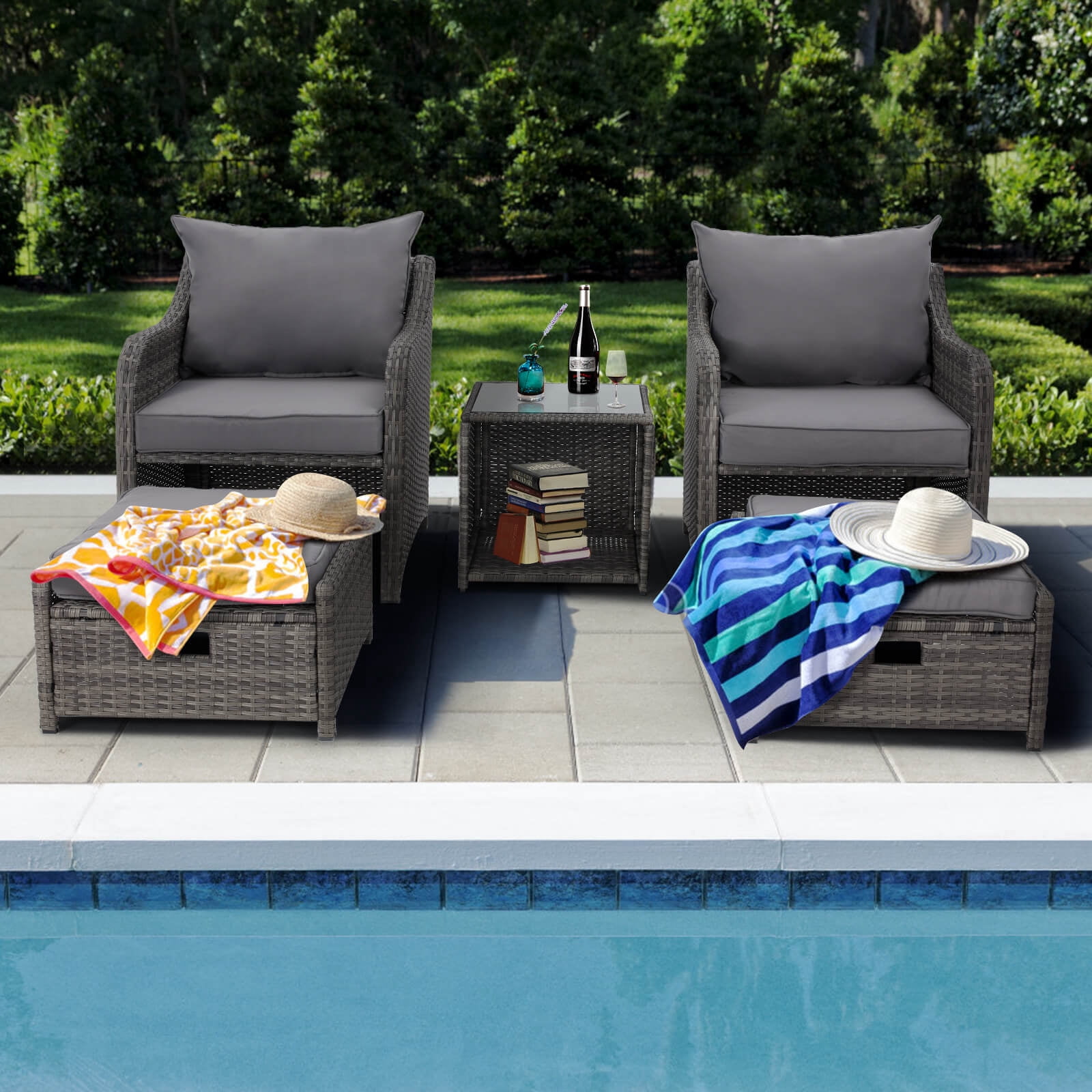 HOMREST 5 Piece Balcony Furniture, All Weather PE Wicker Rattan Patio Furniture Set, Cushioned Patio Chairs Set of 2 w/Ottoman&Table, Outdoor Lounge Chair for Lawn Pool Balcony